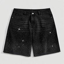 European And American Teenage Boys' Black Rhinestone & Bead Embellished Casual Denim Shorts - Black - View 8