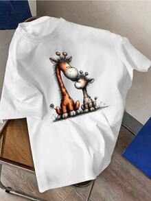 [New Products] Fashion Summer Men's Comfortable Breathable Crew Neck Short Sleeve Solid Color Versatile Cute Giraffe Graphic Casual Daily T Shirt - White - View 5