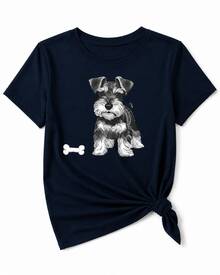 Casual Women's Dog Print Tee With Round Neck And Short Sleeves, 100% Cotton, Regular Fit, Cute Fashion Top For Everyday Wear - 藍色 - 查看 3