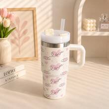 600ml Thermal Mug With Handle, Lid And Straw – Flower Print 1866-600ml - Beige 2 - View 6