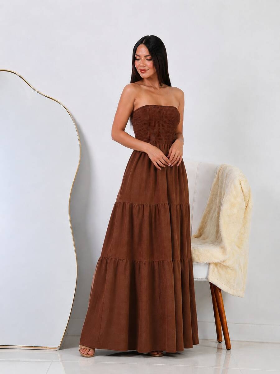 Strapless Dress, Plain, Casual, Elegant Fabric, Hem With Ruffle, One Size Fits 36 To 42, Wedding, Timeless, Crepe Fabric With Elastic Lining, 3 Tiers. - 鏽棕色 - 查看 1
