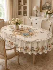 French Country Style Floral Tablecloth, Polyester Material Dining Table Cover, Printed With Pale Rose Bouquet, Blue Flowers, Butterflies And Elegant Scroll Border Pattern, Suitable For Wedding, Kitchen, Banquet And Home Decor Elegant Tea Break Decoration - Multicolor - View 12