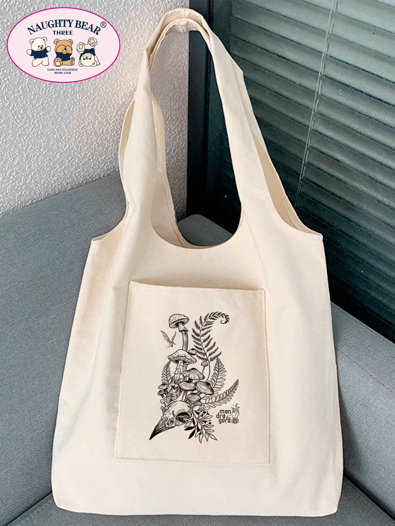 Bolso de lona con estampado de línea de hongo minimalista y de moda - Beis - Ver 1