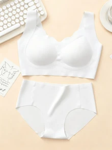 4套女款無鋼圈套裝內衣，羅紋波浪V領背心式內衣搭配內褲，日常穿著 - 彩色 - 查看 7
