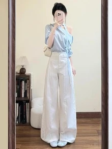 Y6Y 夏季優雅女神風高端質感重要場合華麗青春藍色不對稱領襯衫 - 藍色 - 查看 3