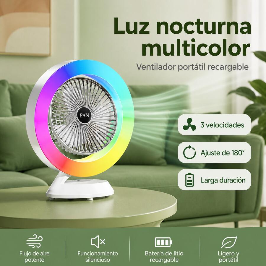 Mini Ventilador con Anillo Luz Arcoíris RGB, Ventilador Inalámbrico Recargable 3 Niveles de Viento - Blanco - Ver 1