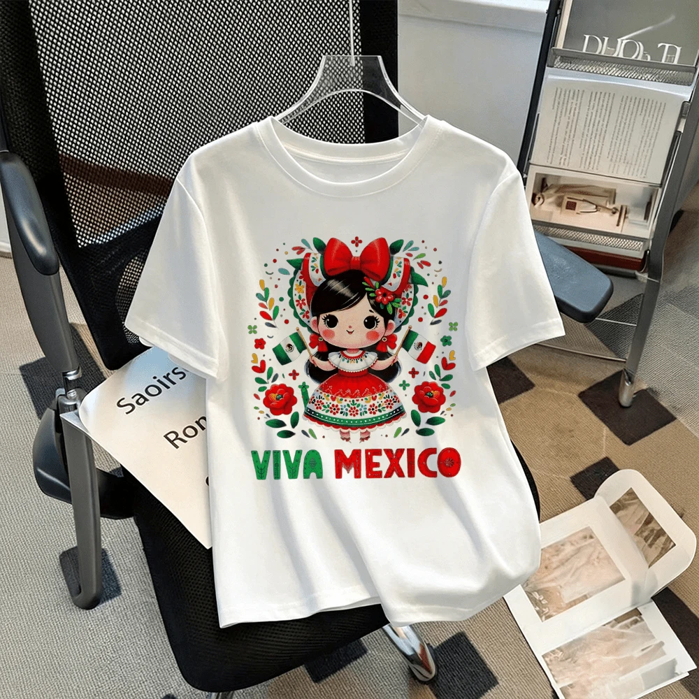 Women's White Viva Mexico T-Shirt With Folkloric Doll And Flags, Short Sleeve Round Neck, Casual Patriotic T-Shirt For Mexican Party - 白色的 - 查看 1