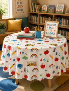1pc-Back To School Decor Tablecloth, Cute ABC Apple Pencil School Bus Rainbow Pattern Reusable Table Cover, Washable Classroom Party Table Cloth For Kindergarten Back To School Celebration Home Dining Decor - Multicolor - View 2