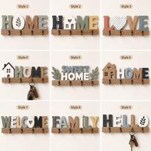 2D平面復古木製「HOME」 「LOVE」 「HELLO」 「WELCOME」鑰匙掛鉤，多功能居家鑰匙架，附4個金屬掛鉤，適用牆面、門廊、房間裝飾 - 彩色 - 查看 1