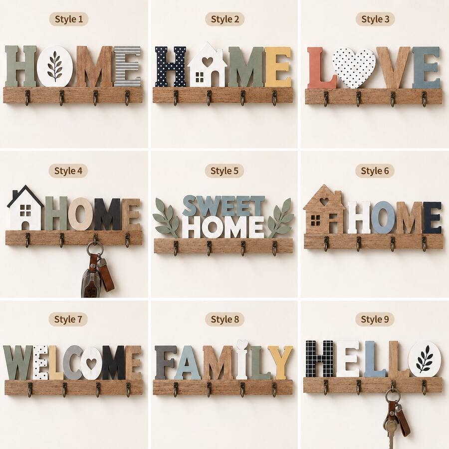 2D平面復古木製「HOME」 「LOVE」 「HELLO」 「WELCOME」鑰匙掛鉤,多功能居家鑰匙架,附4個金屬掛鉤,適用牆面、門廊、房間裝飾 - 彩色 - 查看 1
