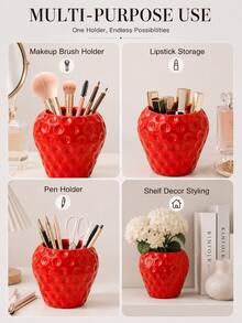 Cute Strawberry Room Decor Makeup Brush Holder Vanity Storage Cup Aesthetic Bedroom Decor Cosmetic Organizer Desktop Decoration Beauty Lover Gift - New Product - View 4