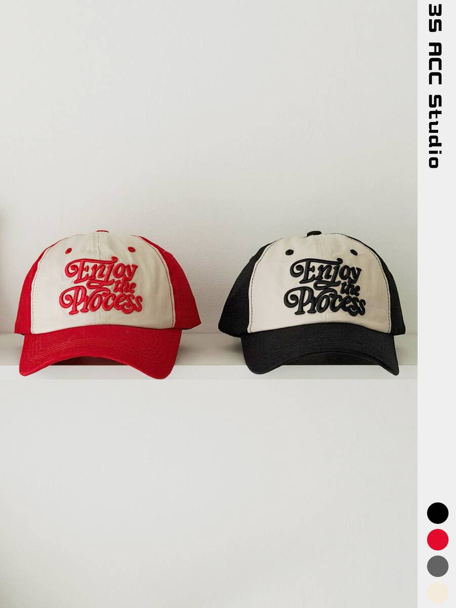 Women's Soft Top Red Baseball Cap, Niche Vintage Embroidered Couple Hat, Face-Slimming Patchwork Embroidery, Fashion Streetwear American Lettering Contrast Color Curved Bill Sun Hat, New Contrast Lettering Vibe Wide Brim Cap For Students