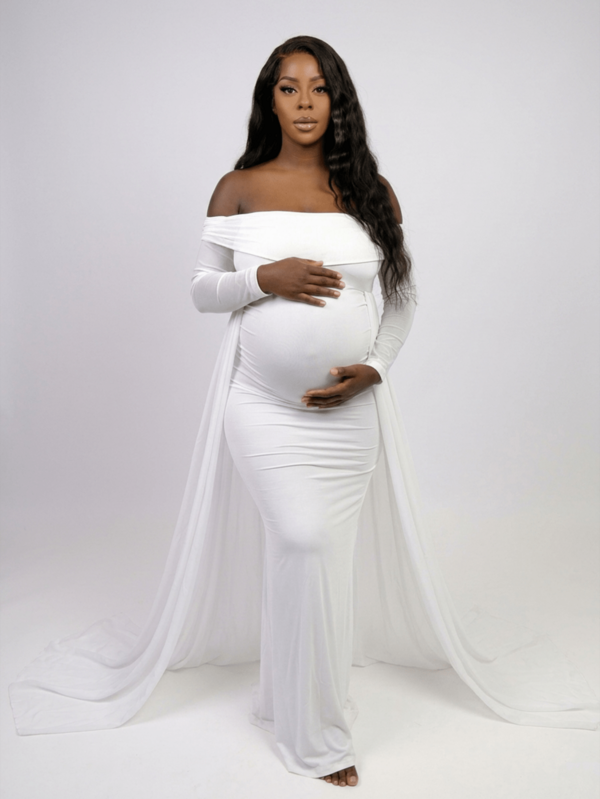 JustVH Maternity Long Sleeve Off-Shoulder Mesh Dress, Suitable For Baby Shower, Cape Style Long Dress White Spring