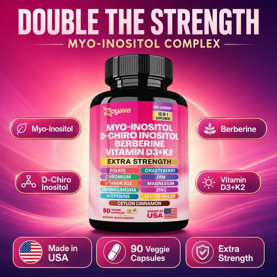 Suplemento de Mio-Inositol: 90 cápsulas veganas - Apoyo integral a la salud con D-Chiro Inositol, Folato, DIM, Vitamina D3, B12, K2, Cromo, Bioperina, Canela de Ceilán, Zinc, Ashwagandha, Agnocasto, Magnesio y Berberina - 1 pieza - Ver 1