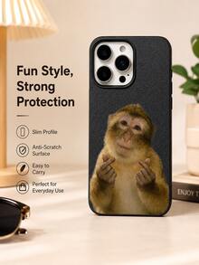 1pc Funny Vertical Monkey Style Black Litchi Texture Skin-Friendly Matte Soft Shell Full Coverage Anti-Drop Phone Protective Case For IPhone Series, Viral Monkey Pattern - Black - View 1