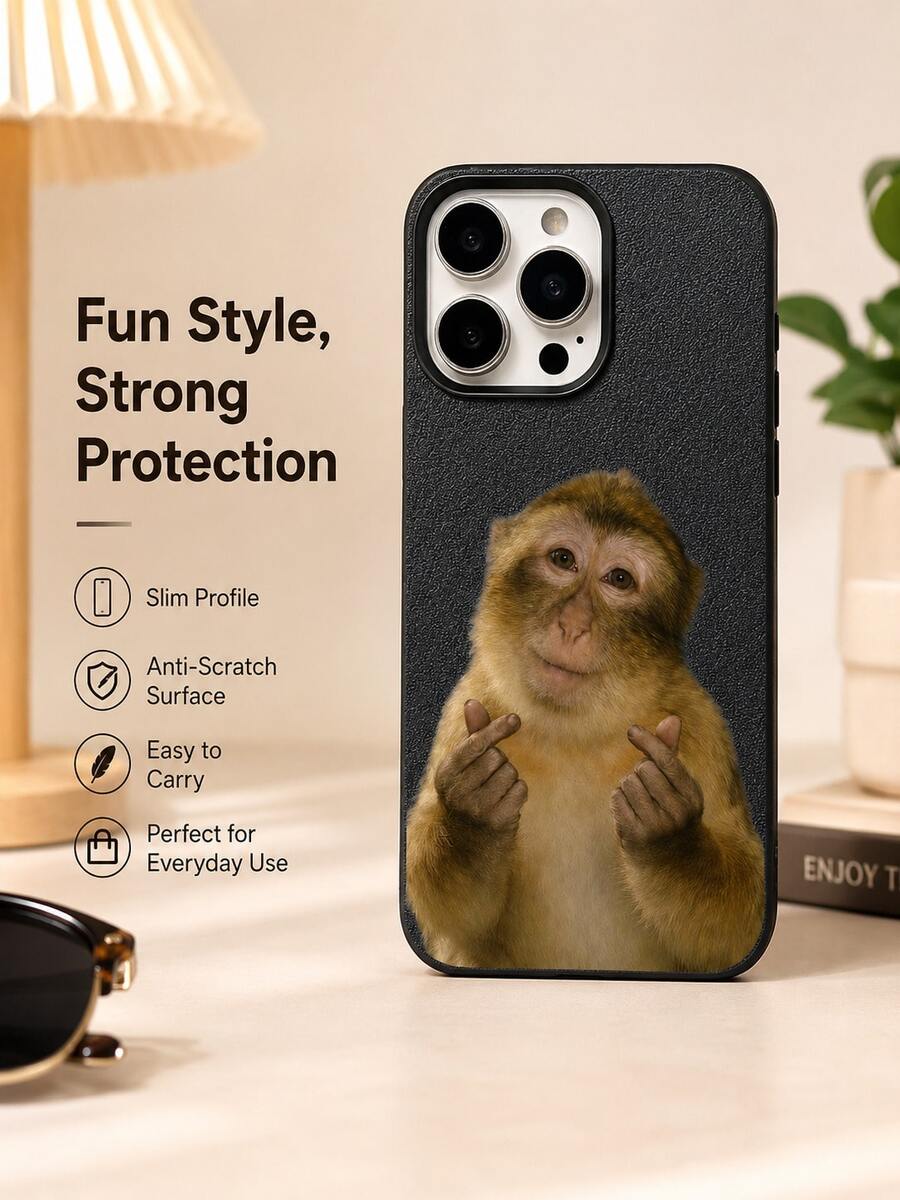 1pc Funny Vertical Monkey Style Black Litchi Texture Skin-Friendly Matte Soft Shell Full Coverage Anti-Drop Phone Protective Case For IPhone Series, Viral Monkey Pattern - Black - View 1