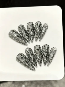 10pcs Handmade Pressed Long Pointed Nail Tips, Exquisite Fake Nails, Luxury Gun Gray Super Shiny Full Rhinestone, Dark Gothic Punk Style, Removable Wearable Nail Covers, Perfect Choice - Dark Grey - View 11