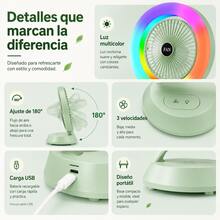 Mini Ventilador con Anillo Luz Arcoíris RGB, Ventilador Inalámbrico Recargable 3 Niveles de Viento - verde - Ver 7