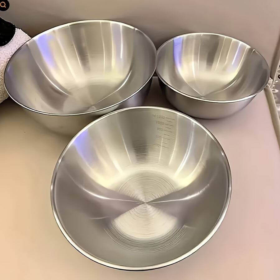 1pc/3pcs Stainless Steel Salad Bowl, Home Fruit Bowl, Kitchen Mixing & Egg Beating Bowl