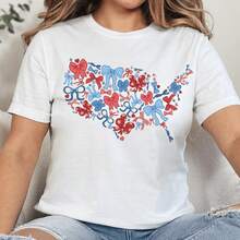 White T-Shirt For Toddlers With Patriotic 4th Of July Print, Casual, Short Sleeve, , Kindergarten Graduation, 4th Of July Girls, Children's Items, Clothing - 酒紅色 - 查看 1