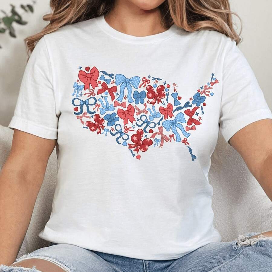 White T-Shirt For Toddlers With Patriotic 4th Of July Print, Casual, Short Sleeve, , Kindergarten Graduation, 4th Of July Girls, Children's Items, Clothing - 酒紅色 - 查看 1