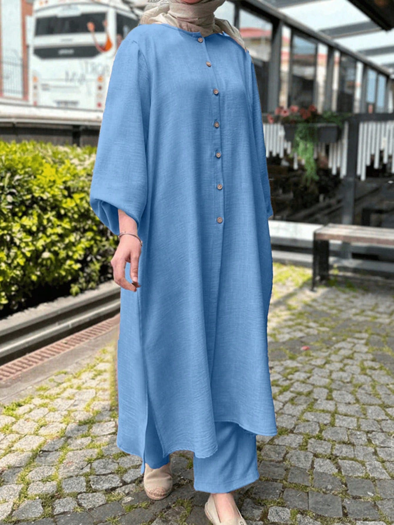 女款圓領前扣鈕扣襯衫寬腿褲兩件套 夏季日常穿搭 度假 秋季