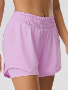 KyrLssu Women's Elastic Waist 2-In-1 Running Shorts, Built-In Liner Quick-Dry Sports Shorts With Zipper Side Pockets, Suitable For Fitness And Daily Wear - Pink - View 4