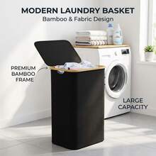 110L Laundry Hamper With Lid For College Dorm - Back To School Heavy Duty Clothes Organizer Bins, Bamboo Frame & Oxford Fabric Storage Basket For Dormitory Bedroom - 黑色 - 查看 6