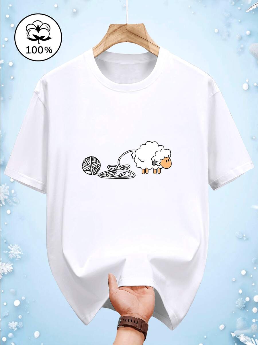 % Pure Print T-Shirt, Fashionable And Versatile Short Sleeve - 白色 - 查看 1