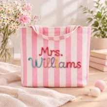 1pc Personalized Name Striped Beach Tote Bag, Customized Name Summer Pool Handbag, Large Capacity Vacation Shopping Shoulder Bag, Suitable For Travel And Daily Use, Monogrammed - Multicolor - View 3