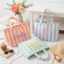 1pc Personalized Name Striped Beach Tote Bag, Customized Name Summer Pool Handbag, Large Capacity Vacation Shopping Shoulder Bag, Suitable For Travel And Daily Use, Monogrammed - Multicolor - View 5
