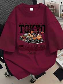 New Women's Cotton Summer T-Shirt, Tokyo Y2K Racing Car Print, Breathable Men's Casual T-Shirt For Everyday Couple Looks - 紅色 - 查看 8