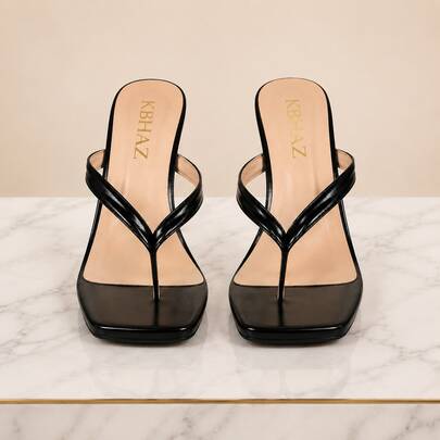 KBHAZ Slides Shoes Heels For Women Square Toe Kitten Heel Flip Flops Sandals Casual Summer Casual Evening Parties Weddings