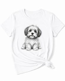 Women's Cute Puppy Print White Cotton T-Shirt, Short Sleeve Round Neck Casual Top - 白色01 - 查看 3
