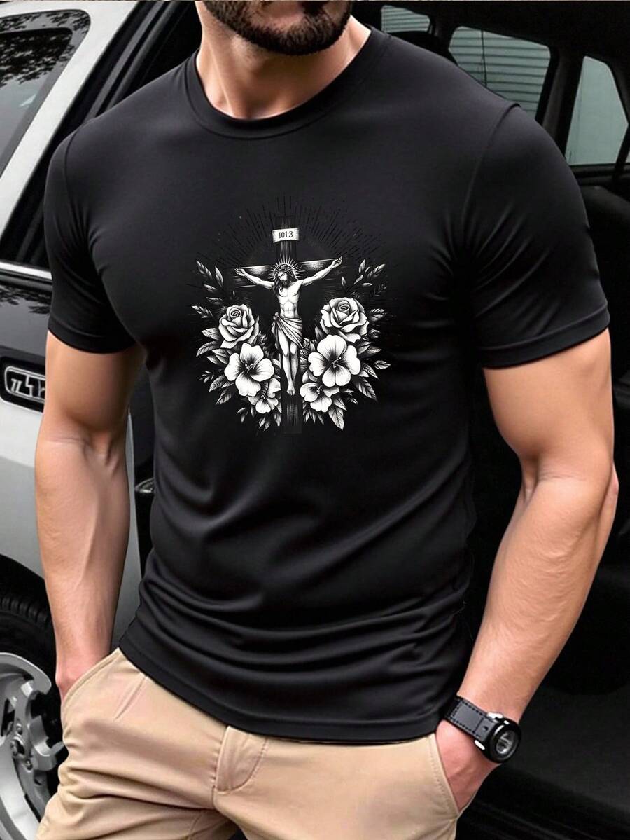 [New Products] Men's Fashion Summer Crew Neck Short Sleeve Solid T Shirt, Breathable Comfortable Versatile Cross Floral Print Casual Daily Top - Black - View 1