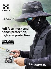 HASIDA 釣魚漁夫帽套組 UV 防曬大帽簷 多功能戶外路亞釣魚套裝 附冷感袖套與圍脖 - 漁夫帽 - 查看 2