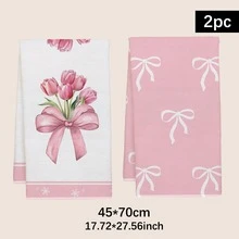 2pcs Pink Bow & Tulip Pattern Kitchen Towels, Soft Polyester Material Dish Cloths, Suitable For Kitchen Decor, Cleaning, Holiday Party Decoration, Kitchen & Bathroom Essentials, Home Decor, Housewarming Gift - Multicolor - View 12