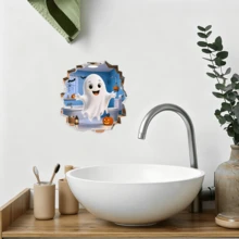 1/5pcs Cute Cartoon Ghost Bathroom Wall Sticker With A Broken Wall Effect. Removable, Self-Adhesive, Waterproof PVC Sticker. Suitable For Bathrooms, Bedrooms, Toilets, And Halloween Home Decorations. - Wall Stickers - View 7