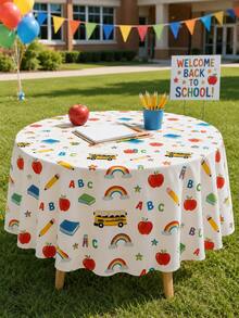 1pc-Back To School Decor Tablecloth, Cute ABC Apple Pencil School Bus Rainbow Pattern Reusable Table Cover, Washable Classroom Party Table Cloth For Kindergarten Back To School Celebration Home Dining Decor - Multicolor - View 7