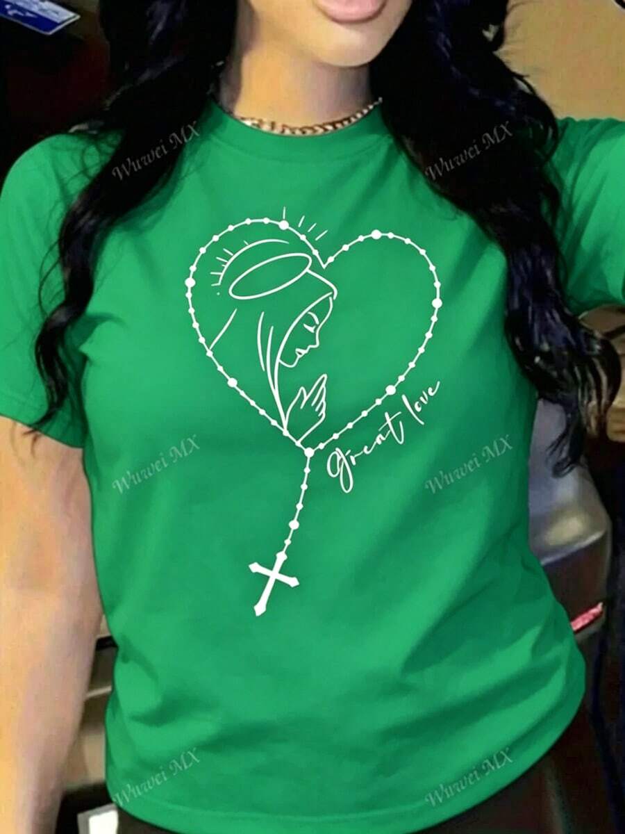 Women's Green Cotton Short Sleeve Round Neck T-Shirt With Virgin Mary Rosary Print, Casual Regular Fit Top For Everyday Wear - 綠色 - 查看 1