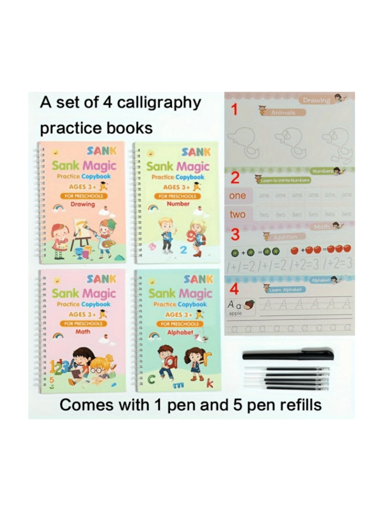 1 Set 4 Books Reusable English Handwriting Practice Books With Pen, English/Letters/Numbers/Drawing/Addition & Subtraction Pen Control Training, Grooved Practice Books For Repeated Writing, Holiday Gift, Back To School - Calligraphy Practice Book - View 1