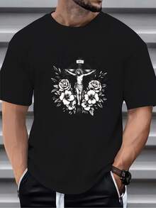 [New Products] Men's Fashion Summer Crew Neck Short Sleeve Solid T Shirt, Breathable Comfortable Versatile Cross Floral Print Casual Daily Top - Black - View 3