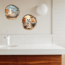 1/5pcs Cute Cartoon Ghost Bathroom Wall Sticker With A Broken Wall Effect. Removable, Self-Adhesive, Waterproof PVC Sticker. Suitable For Bathrooms, Bedrooms, Toilets, And Halloween Home Decorations. - Wall Stickers - View 4