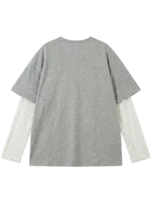 JUTU Spring Summer Autumn All Seasons 2 In 1 Mesh Sleeve Round Neck Loose New Lace Patchwork Sleeve Floral Print Grey T-Shirt Avant-Garde Casual - Medium Gray - View 7