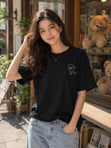 Women's Dabbing Teddy Bear Graphic T-Shirt, 100 Percent Cotton Summer Tops, Top For Woman For Streetwear, Going Out Top Women - Little Bear(Black) - 查看 3