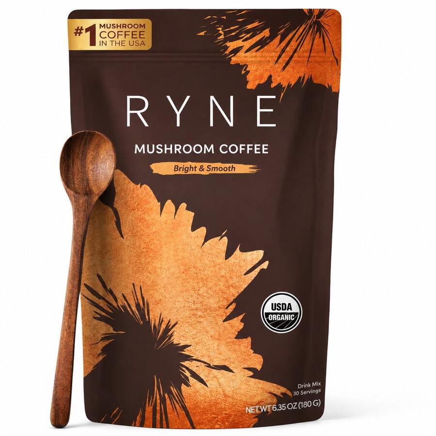 RYNE Organic Mushroom Coffee | USDA Organic | #1 Mushroom Coffee In The USA | 30 Servings (6.35oz / 180g) | Dietary Supplement Drink Mix - 1 Pack - View 1