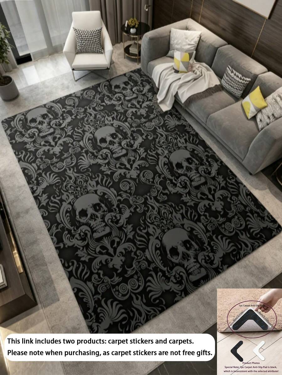 1pc Dark Skull Pattern Area Rug, Living Room Carpet, Washable Carpet, Home Decor, Large Size Round Carpet For Living Room - Multicolor - View 1