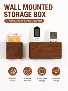 1pc Wall-Mounted Storage Box With Bottom Charging Port, Minimalist Rectangular Wall-Mounted Phone, Scissors And Small Items Organizer, Perfect For Living Room, Bedroom, Office And Home Gift - Coffee Brown - View 4