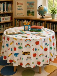 1pc-Back To School Decor Tablecloth, Cute ABC Apple Pencil School Bus Rainbow Pattern Reusable Table Cover, Washable Classroom Party Table Cloth For Kindergarten Back To School Celebration Home Dining Decor - Multicolor - View 9