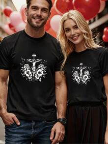 [New Products] Men's Fashion Summer Crew Neck Short Sleeve Solid T Shirt, Breathable Comfortable Versatile Cross Floral Print Casual Daily Top - Black - View 2